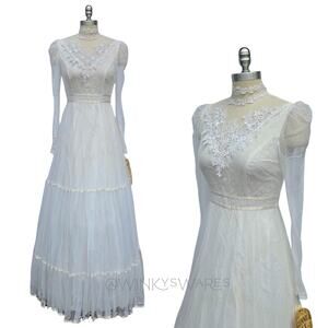 Gunne Sax Vintage 70s White Lace Maxi Dress Size S 11 New Prairie Wedding